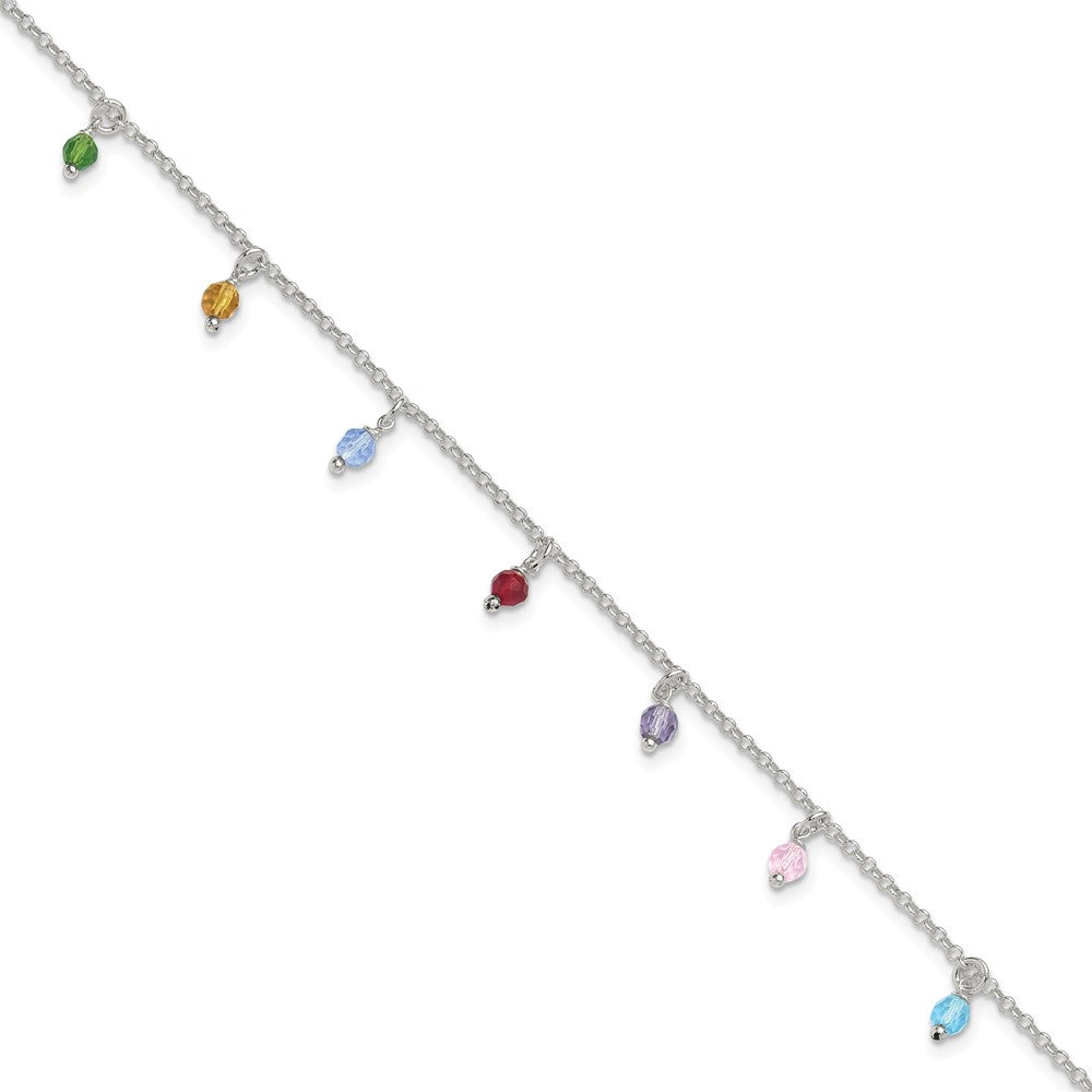 Sterling Silver Polished Multi-Colored Beads 9In Plus 1In Ext. Anklet
