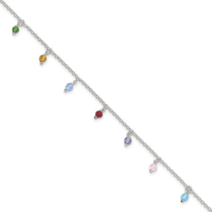Sterling Silver Polished Multi-Colored Beads 9In Plus 1In Ext. Anklet