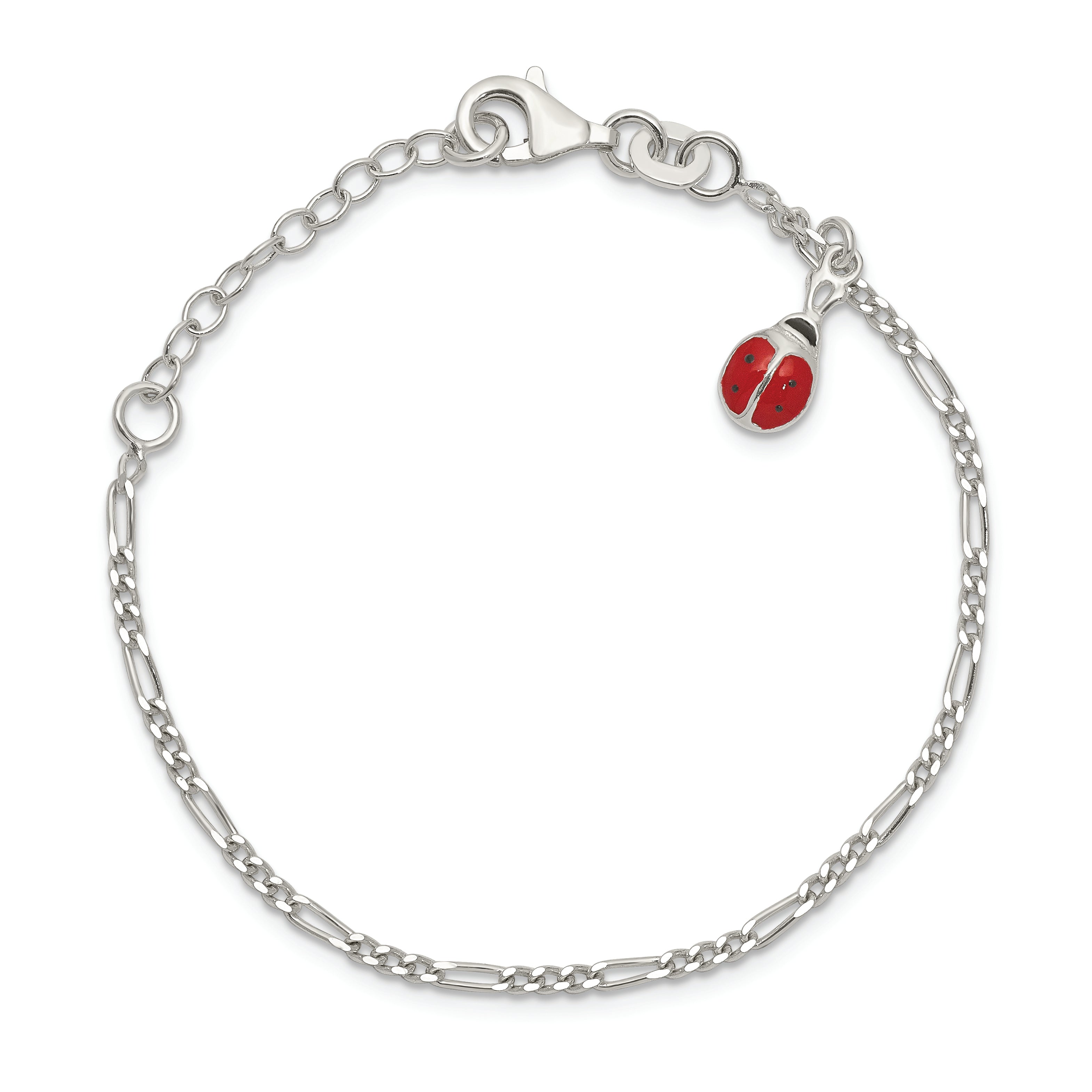 6 Inch Sterling Silver Polished Enameled Ladybug W/ 1In Ext. Childrens Bracelet
