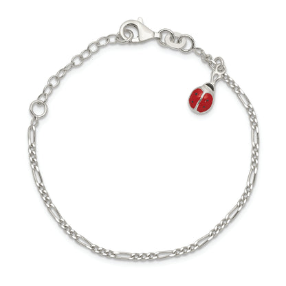 6 Inch Sterling Silver Polished Enameled Ladybug W/ 1In Ext. Childrens Bracelet