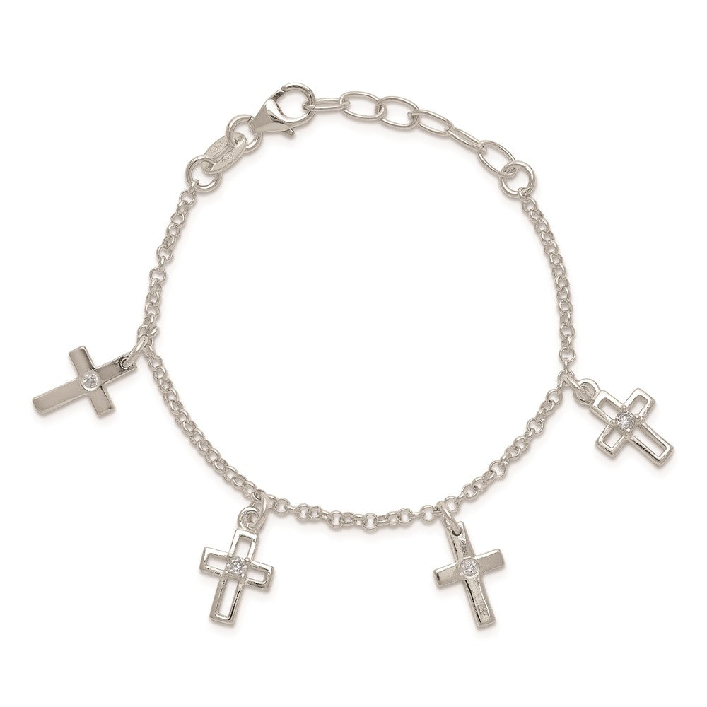 6 Inch Sterling Silver Polished Cz Crosses W/ 1In Ext. Children'S Bracelet