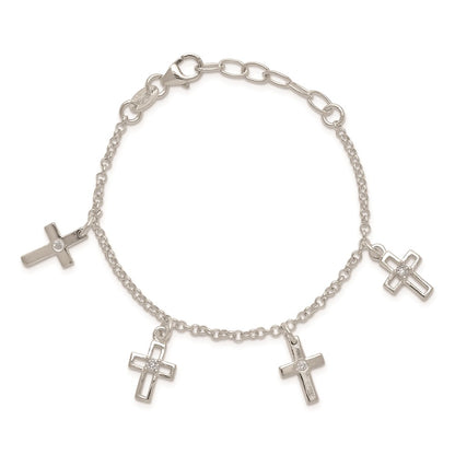 6 Inch Sterling Silver Polished Cz Crosses W/ 1In Ext. Children'S Bracelet