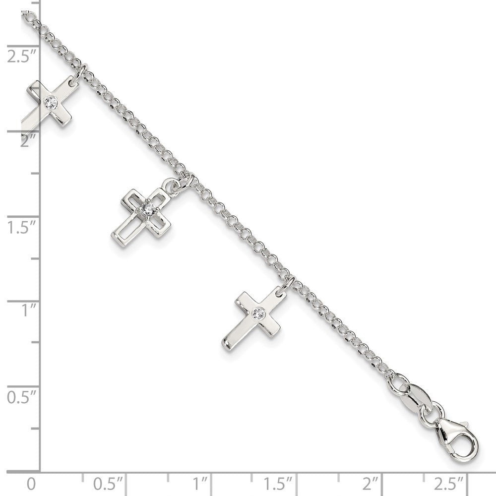 6 Inch Sterling Silver Polished Cz Crosses W/ 1In Ext. Children'S Bracelet