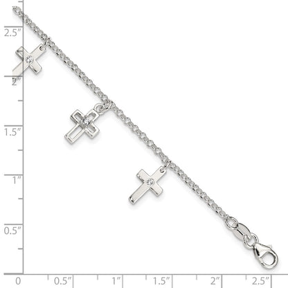 6 Inch Sterling Silver Polished Cz Crosses W/ 1In Ext. Children'S Bracelet