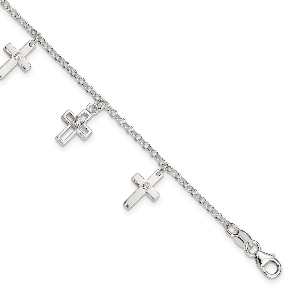 6 Inch Sterling Silver Polished Cz Crosses W/ 1In Ext. Children'S Bracelet