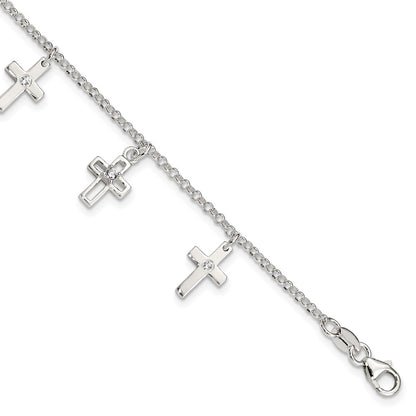 6 Inch Sterling Silver Polished Cz Crosses W/ 1In Ext. Children'S Bracelet