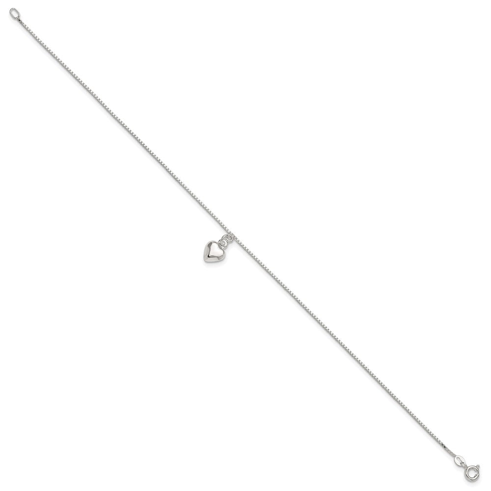 Sterling Silver 10Inch Polished Puffed Heart Anklet