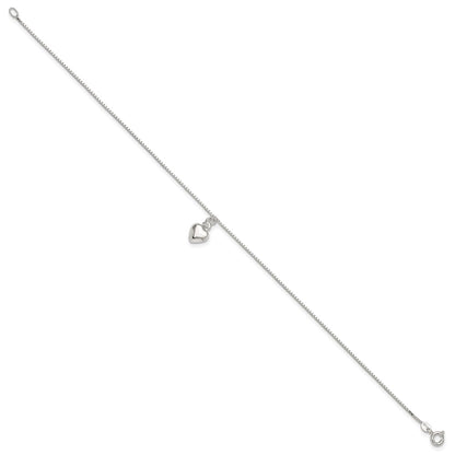 Sterling Silver 10Inch Polished Puffed Heart Anklet