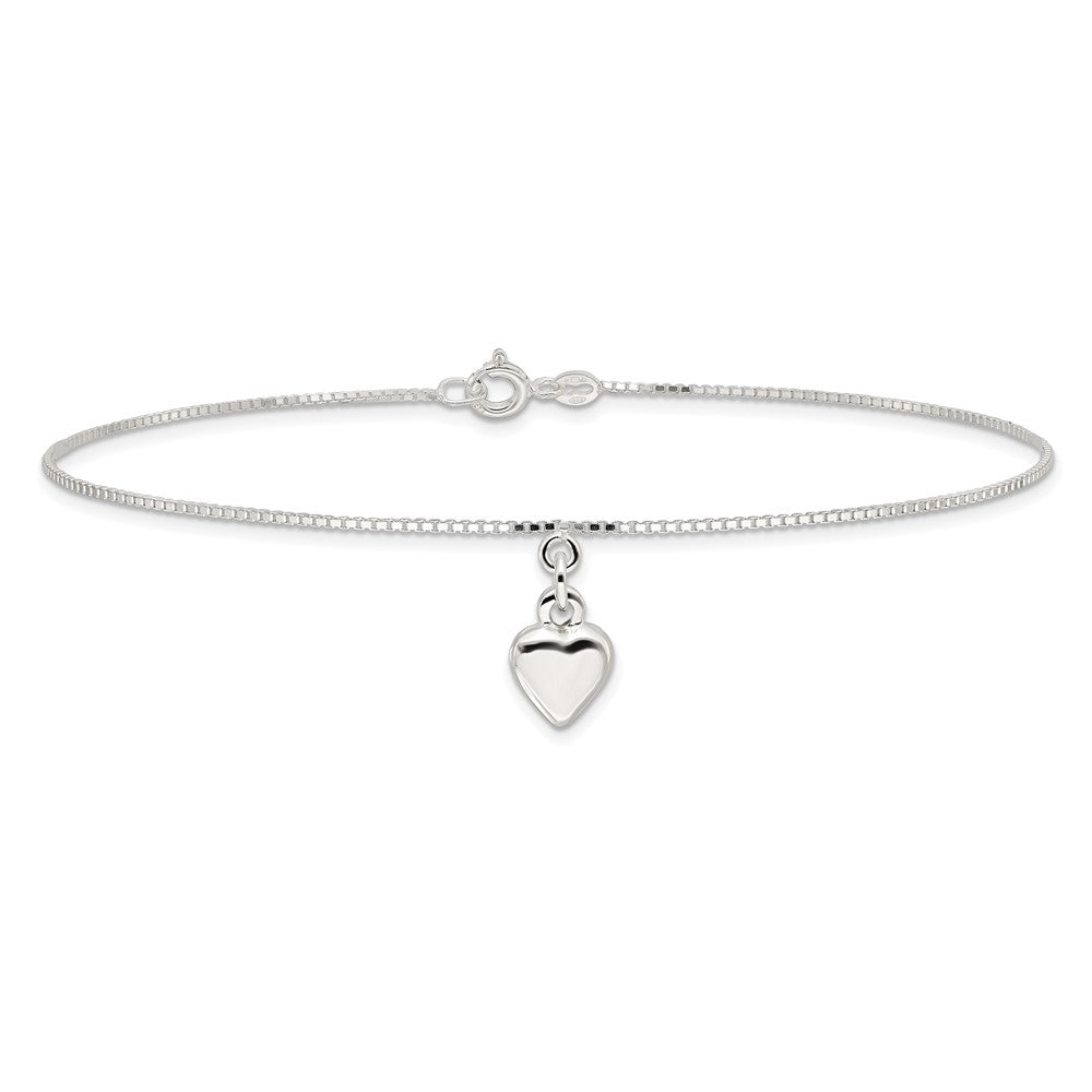 Sterling Silver 10Inch Polished Puffed Heart Anklet