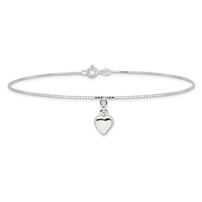Sterling Silver 10Inch Polished Puffed Heart Anklet