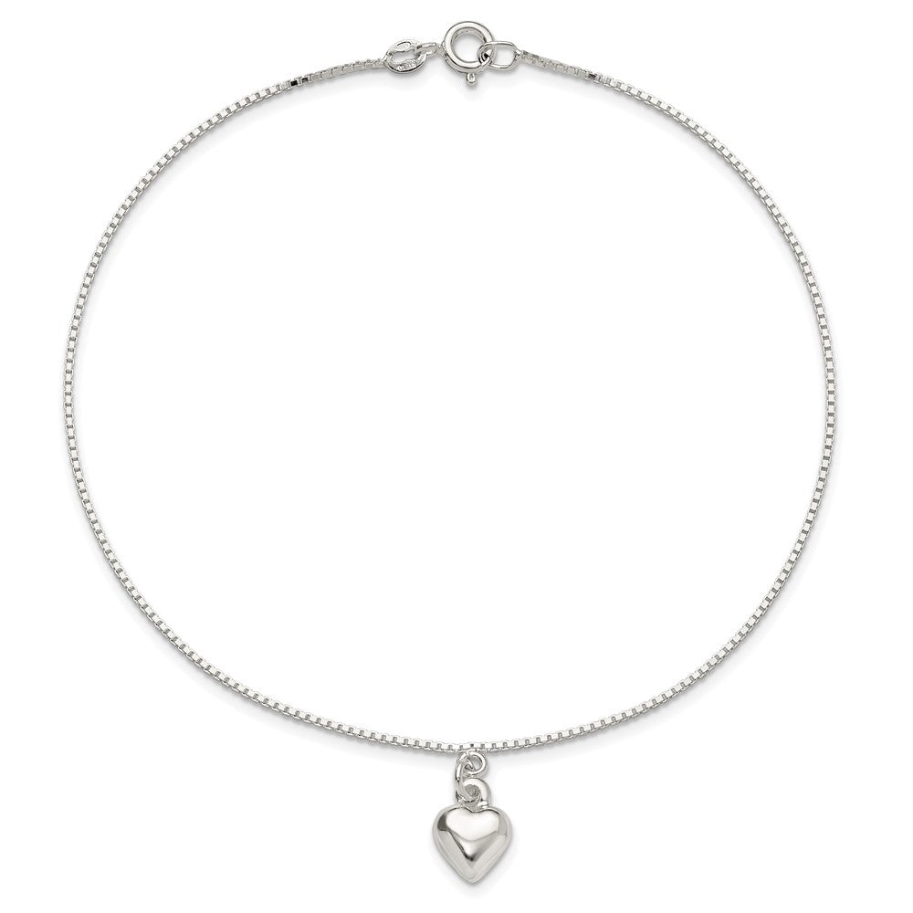 Sterling Silver 10Inch Polished Puffed Heart Anklet