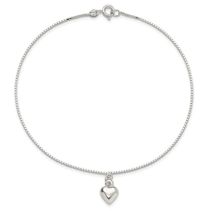 Sterling Silver 10Inch Polished Puffed Heart Anklet