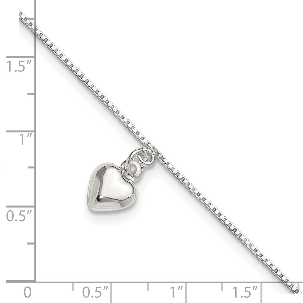Sterling Silver 10Inch Polished Puffed Heart Anklet
