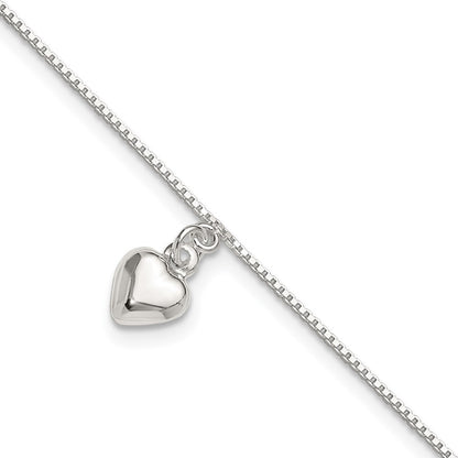 Sterling Silver 10Inch Polished Puffed Heart Anklet