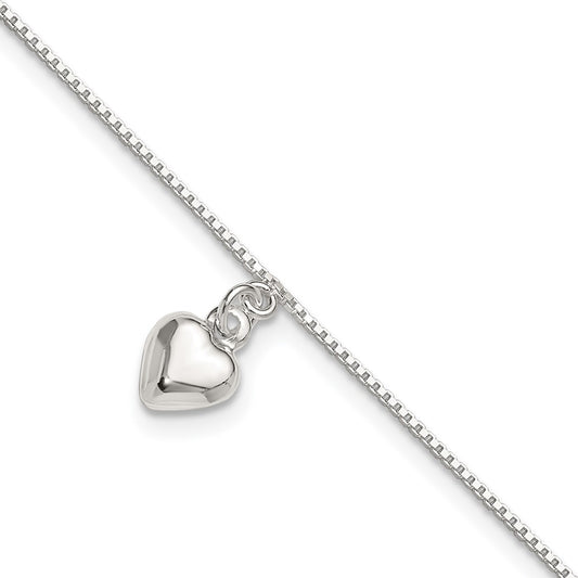 Sterling Silver 10Inch Polished Puffed Heart Anklet