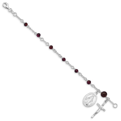 6 Inch Sterling Silver Polished Rhodolite Garnet Children'S Rosary Bracelet