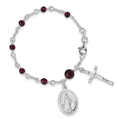 6 Inch Sterling Silver Polished Rhodolite Garnet Children'S Rosary Bracelet