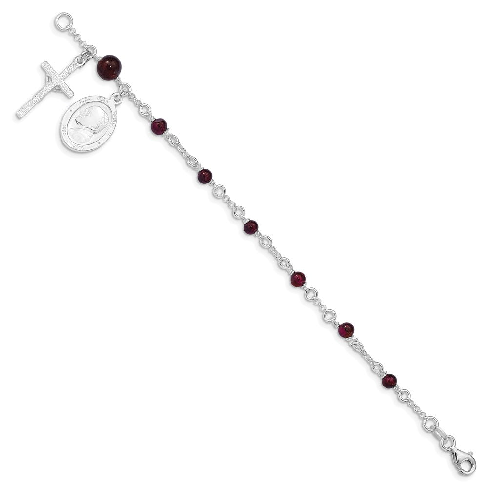 6 Inch Sterling Silver Polished Rhodolite Garnet Children'S Rosary Bracelet