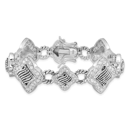 7 Inch Sterling Silver Polished & Antiqued Fancy Cz Bracelet