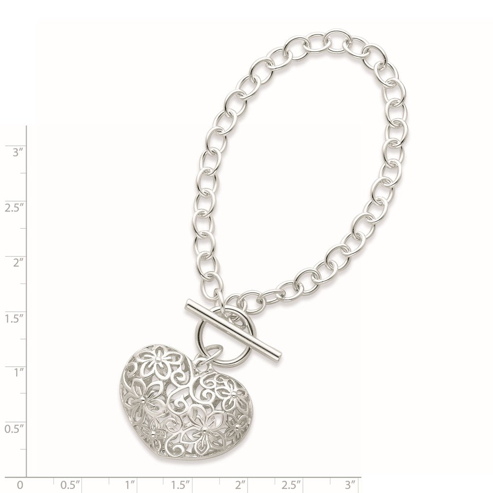 7.75 Inch Sterling Silver Puffed Filigree Heart Toggle Bracelet