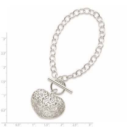 7.75 Inch Sterling Silver Puffed Filigree Heart Toggle Bracelet