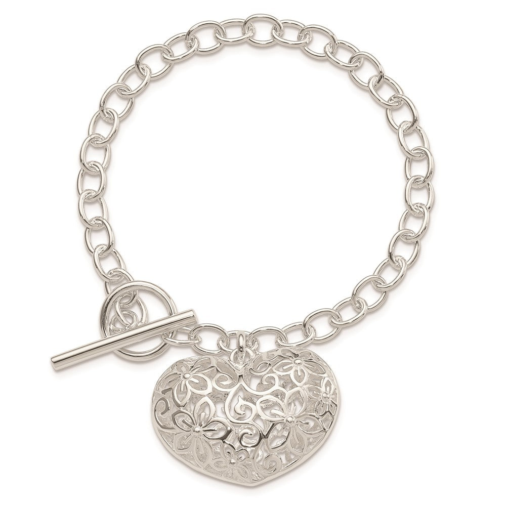 7.75 Inch Sterling Silver Puffed Filigree Heart Toggle Bracelet