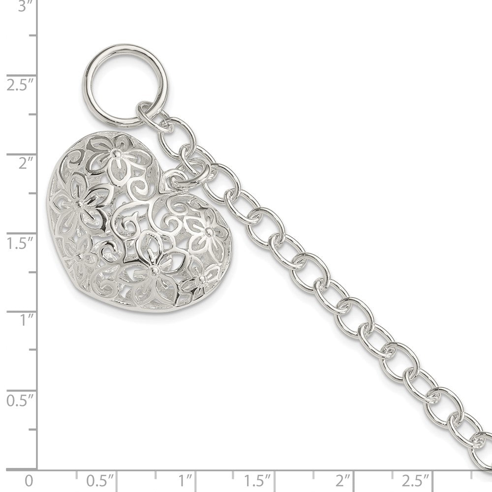 7.75 Inch Sterling Silver Puffed Filigree Heart Toggle Bracelet