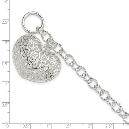 7.75 Inch Sterling Silver Puffed Filigree Heart Toggle Bracelet