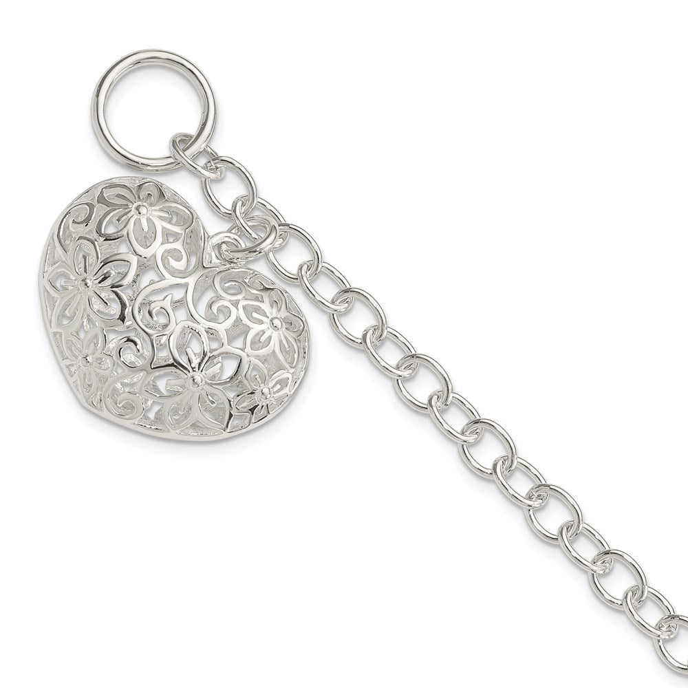 7.75 Inch Sterling Silver Puffed Filigree Heart Toggle Bracelet