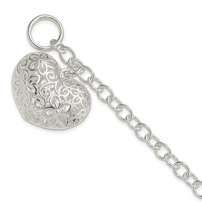 7.75 Inch Sterling Silver Puffed Filigree Heart Toggle Bracelet