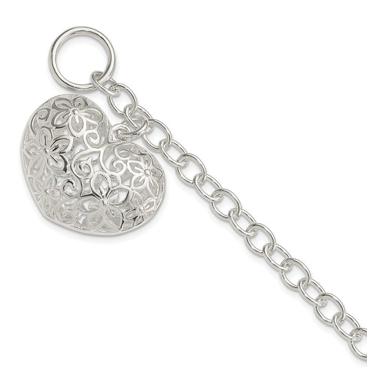 7.75 Inch Sterling Silver Puffed Filigree Heart Toggle Bracelet