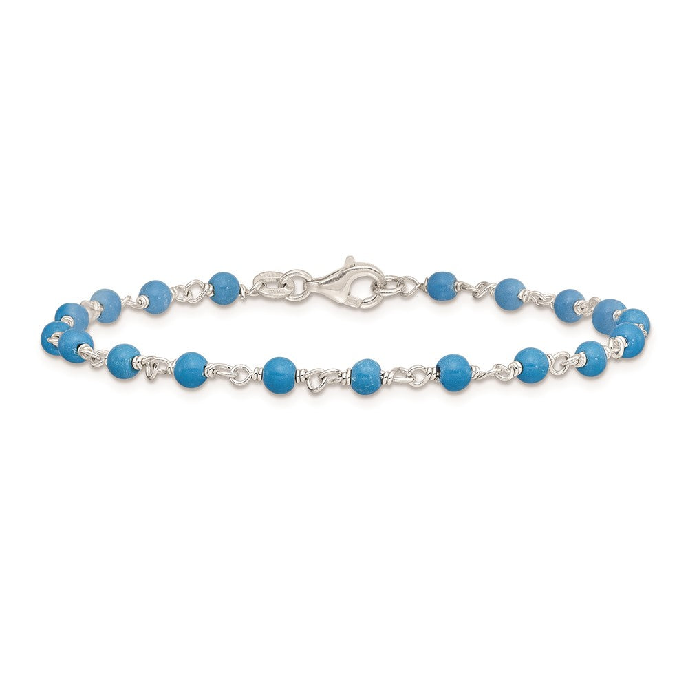 7.5 Inch Sterling Silver Genuine Turquoise Bead Polished Bracelet