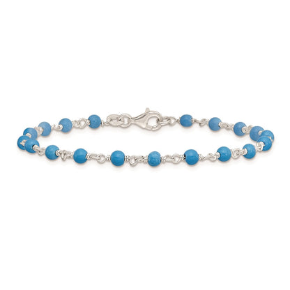 7.5 Inch Sterling Silver Genuine Turquoise Bead Polished Bracelet