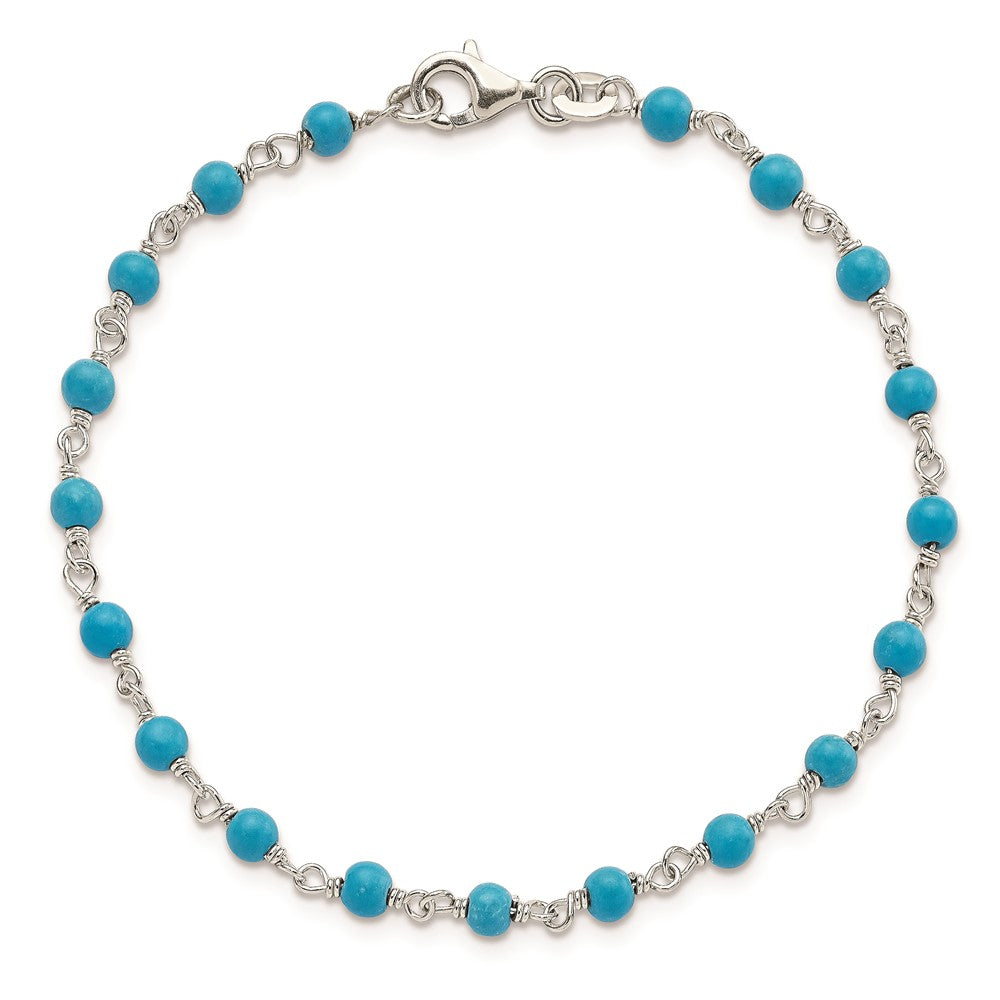 7.5 Inch Sterling Silver Genuine Turquoise Bead Polished Bracelet