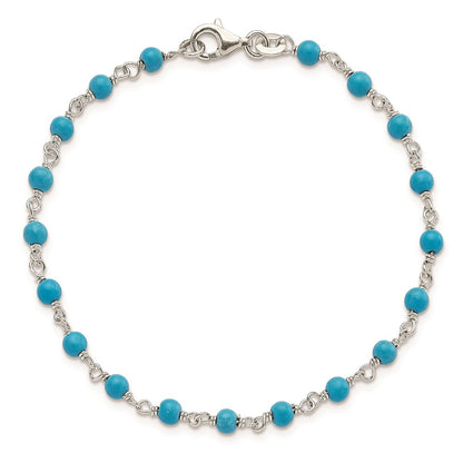 7.5 Inch Sterling Silver Genuine Turquoise Bead Polished Bracelet