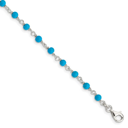 7.5 Inch Sterling Silver Genuine Turquoise Bead Polished Bracelet