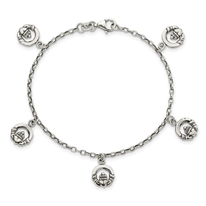 7 Inch Sterling Silver Antiqued Claddagh Bracelet