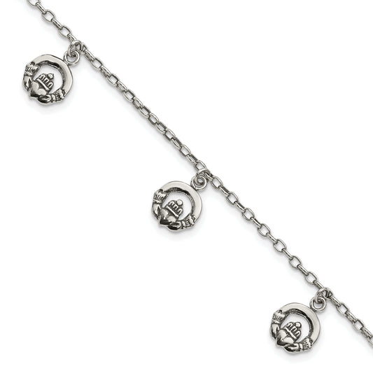 7 Inch Sterling Silver Antiqued Claddagh Bracelet