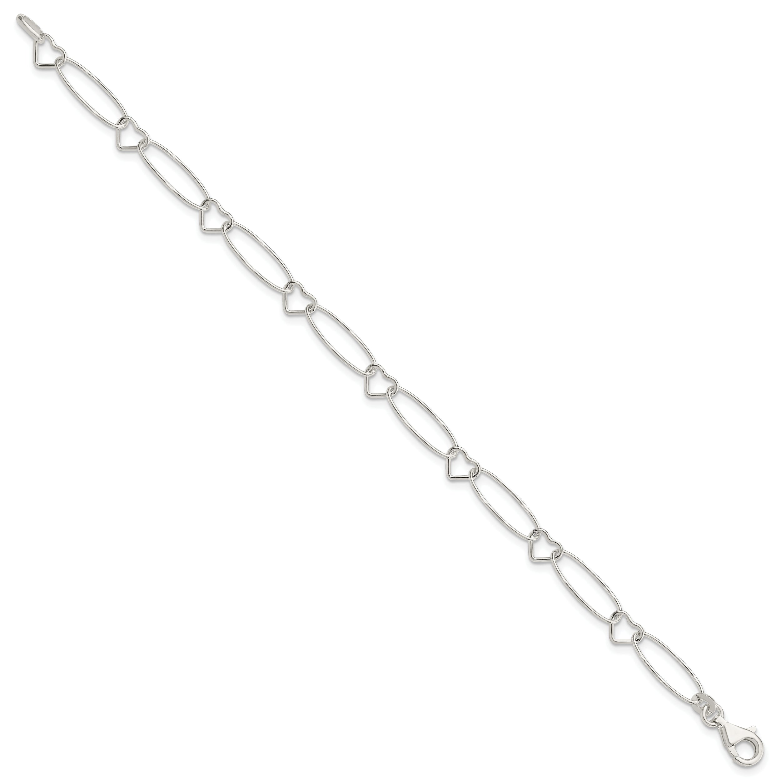 7.5 Inch Sterling Silver Oval Link W/Hearts Bracelet