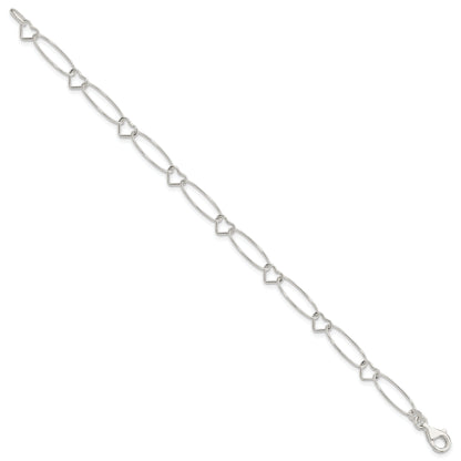 7.5 Inch Sterling Silver Oval Link W/Hearts Bracelet