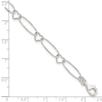 7.5 Inch Sterling Silver Oval Link W/Hearts Bracelet