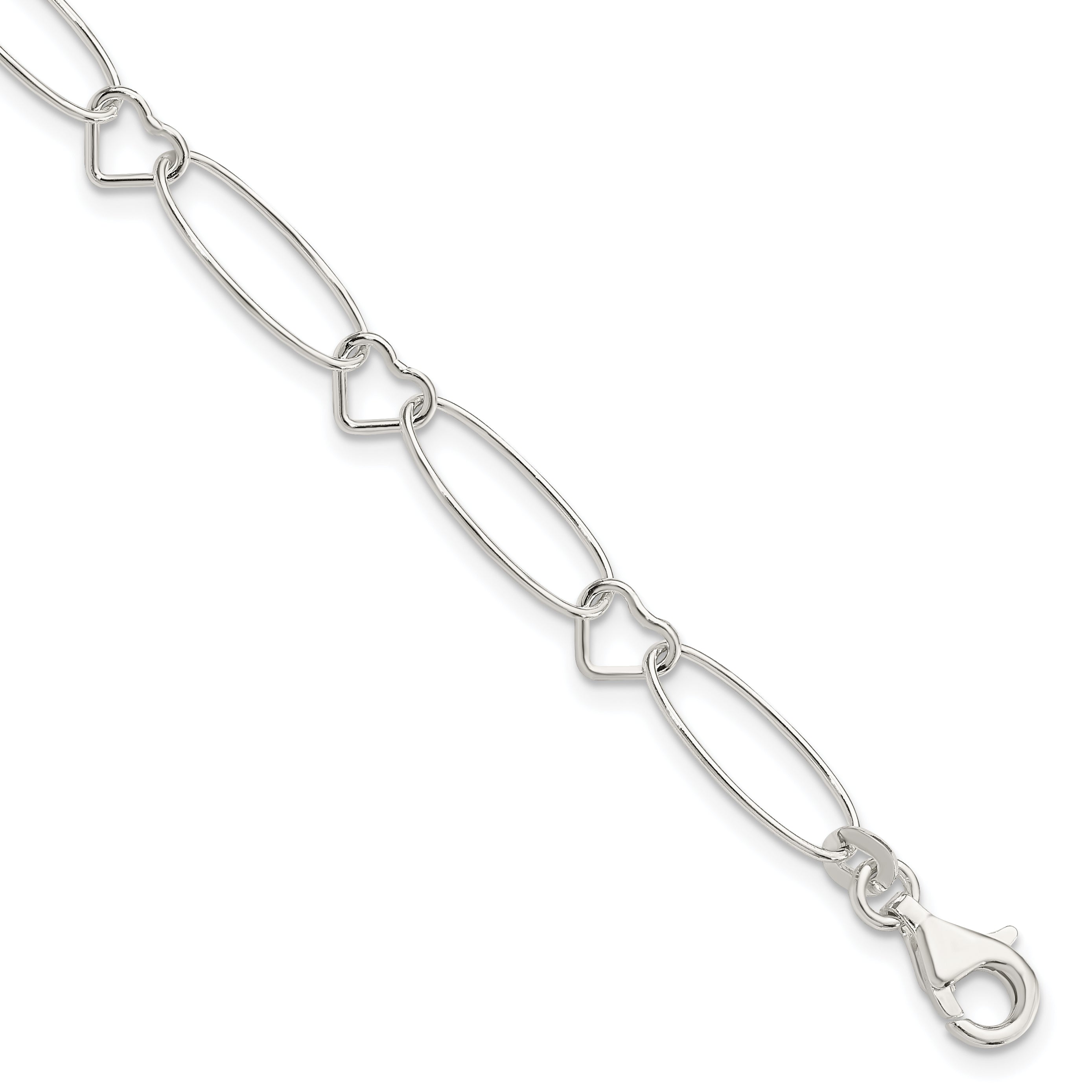 7.5 Inch Sterling Silver Oval Link W/Hearts Bracelet