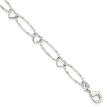 7.5 Inch Sterling Silver Oval Link W/Hearts Bracelet