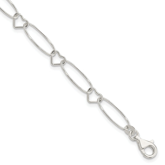 7.5 Inch Sterling Silver Oval Link W/Hearts Bracelet