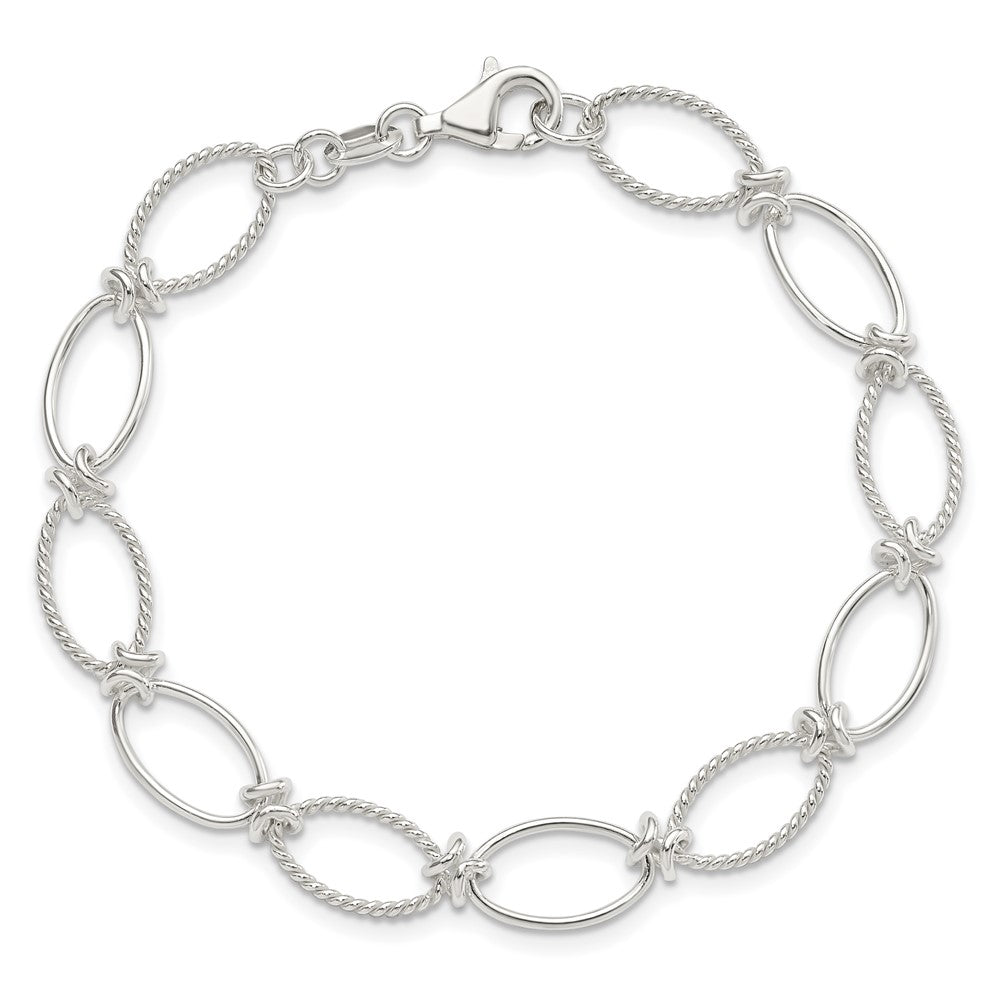 7.5 Inch Sterling Silver Polished Textured Fancy Oval Link Bracelet