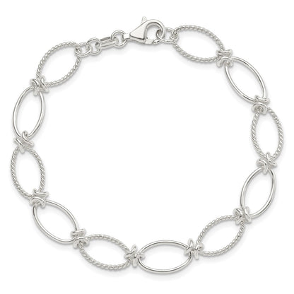 7.5 Inch Sterling Silver Polished Textured Fancy Oval Link Bracelet