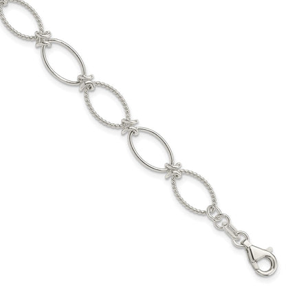 7.5 Inch Sterling Silver Polished Textured Fancy Oval Link Bracelet
