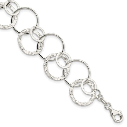 7.5 Inch Sterling Silver Polished Textured Fancy Circle Link Bracelet
