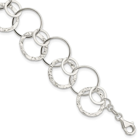 7.5 Inch Sterling Silver Polished Textured Fancy Circle Link Bracelet