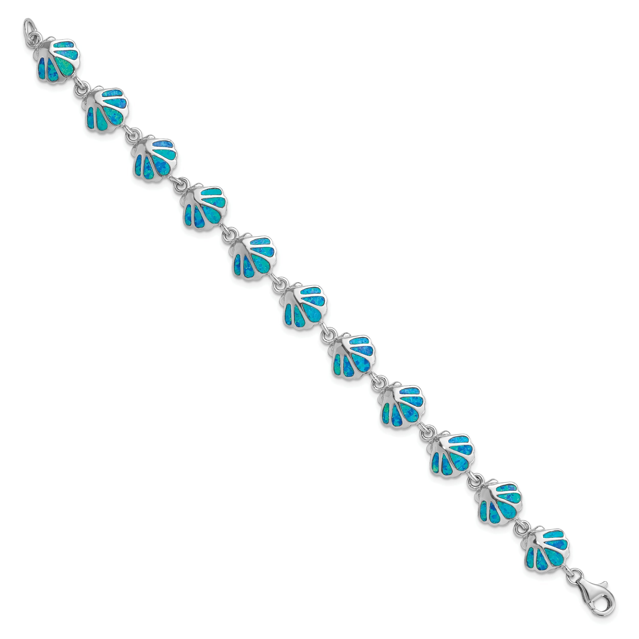 7 Inch Sterling Silver Rhodium-Plated 7In Created Blue Opal Inlay Shell Bracelet